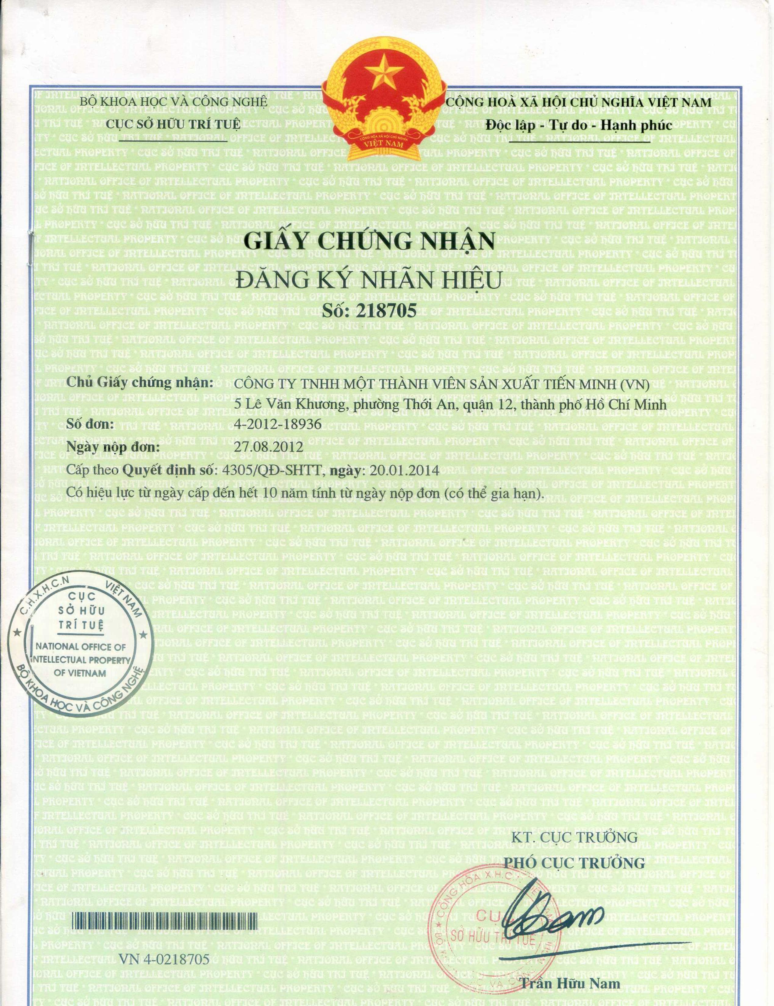 GCN đăng ký nhãn hiệu Limo293